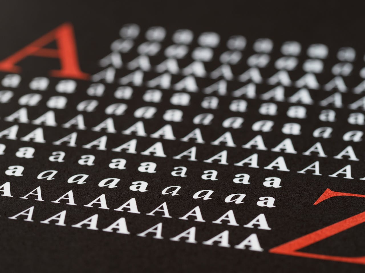 Close-up image showcasing various styles of the letter A in print, emphasizing typography diversity.