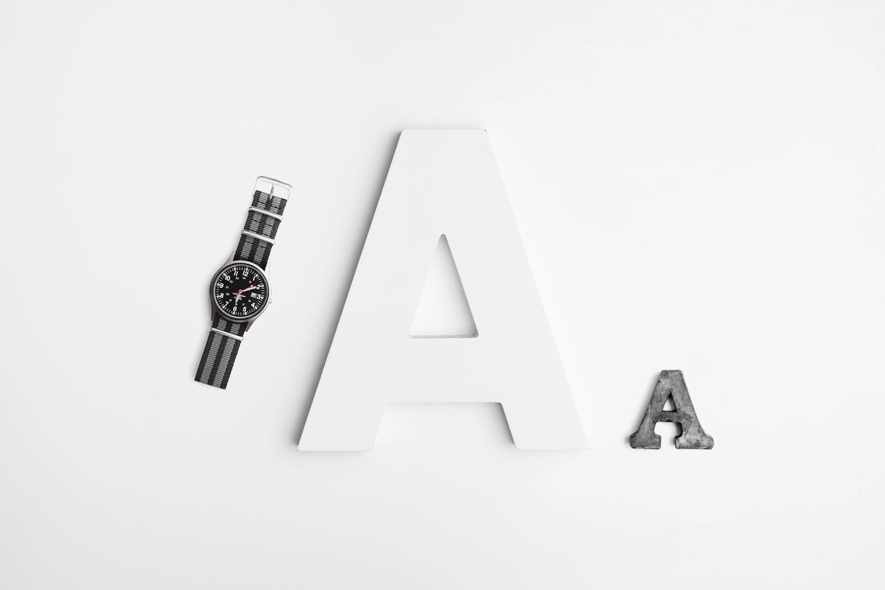 Minimalist layout featuring typography with a sleek watch and bold letter A design.